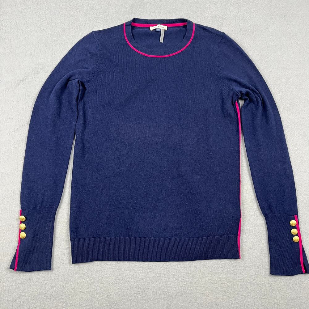 Court & Rowe Navy Blue Crewneck Sweater Pink Trim Gold Cuff Buttons Women's XS